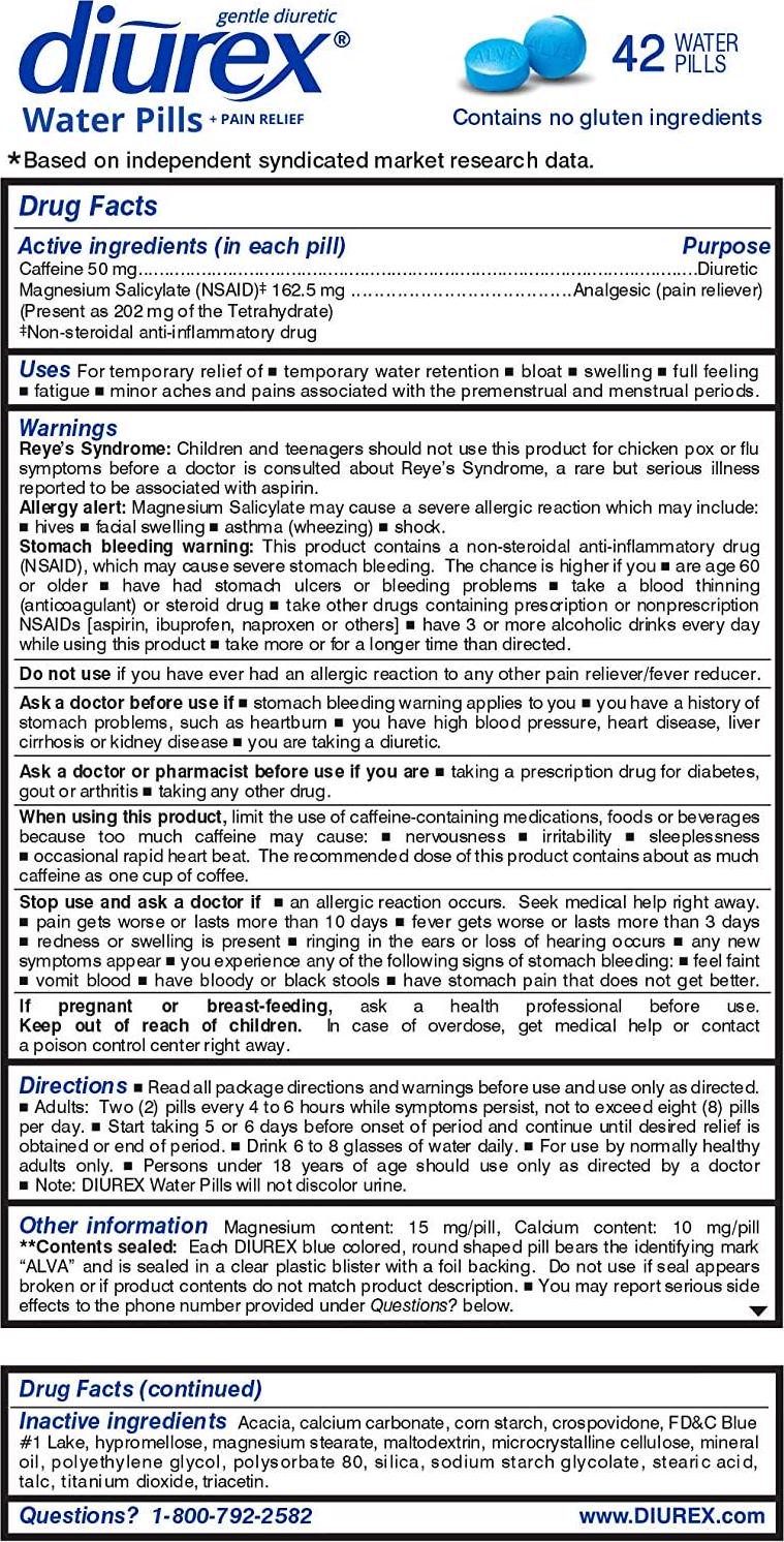 Diurex Water Pills + Pain Relief - Relieve Water Bloat, Cramps, and Fatigue - 42 Count