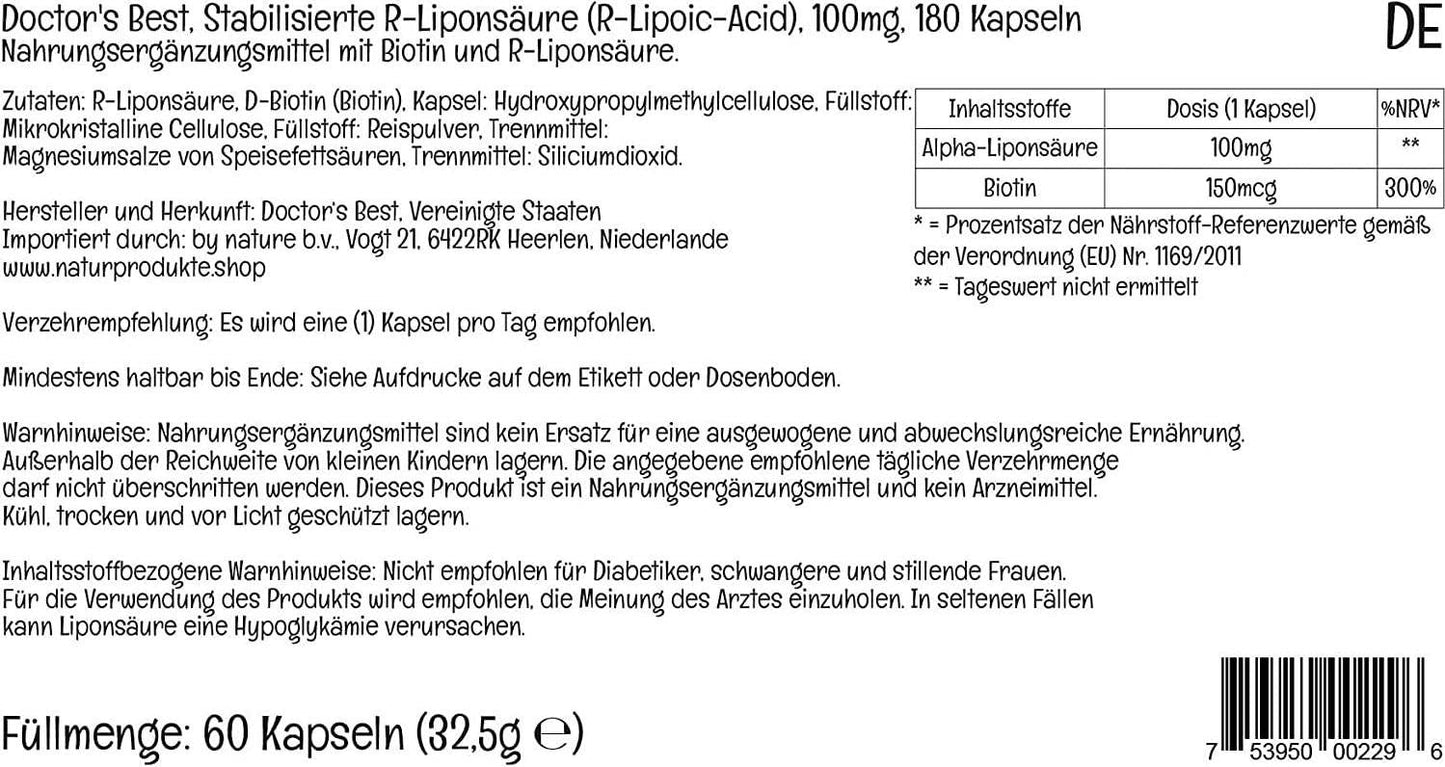 Doctor's Best Stabilized R-Lipoic Acid with BioEnhanced Na-RALA, Non-GMO, Gluten Free, Vegan, Helps Maintain Blood Sugar Levels, 100 mg, 180 Count