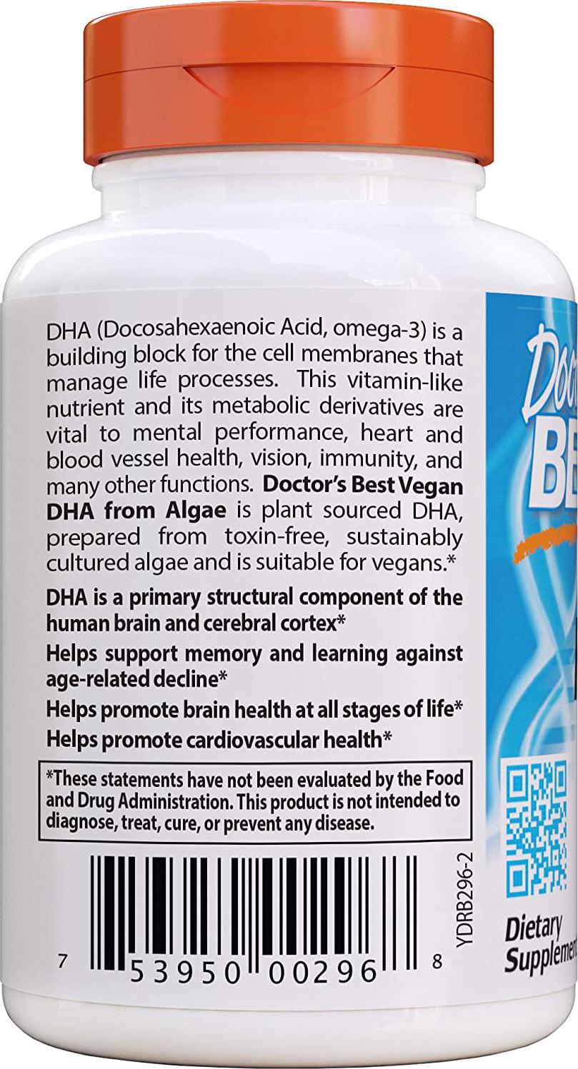 Doctor's Best Vegetarian DHA from Algae, Non-GMO, Vegan, Gluten Free, 200 mg, 60 Count