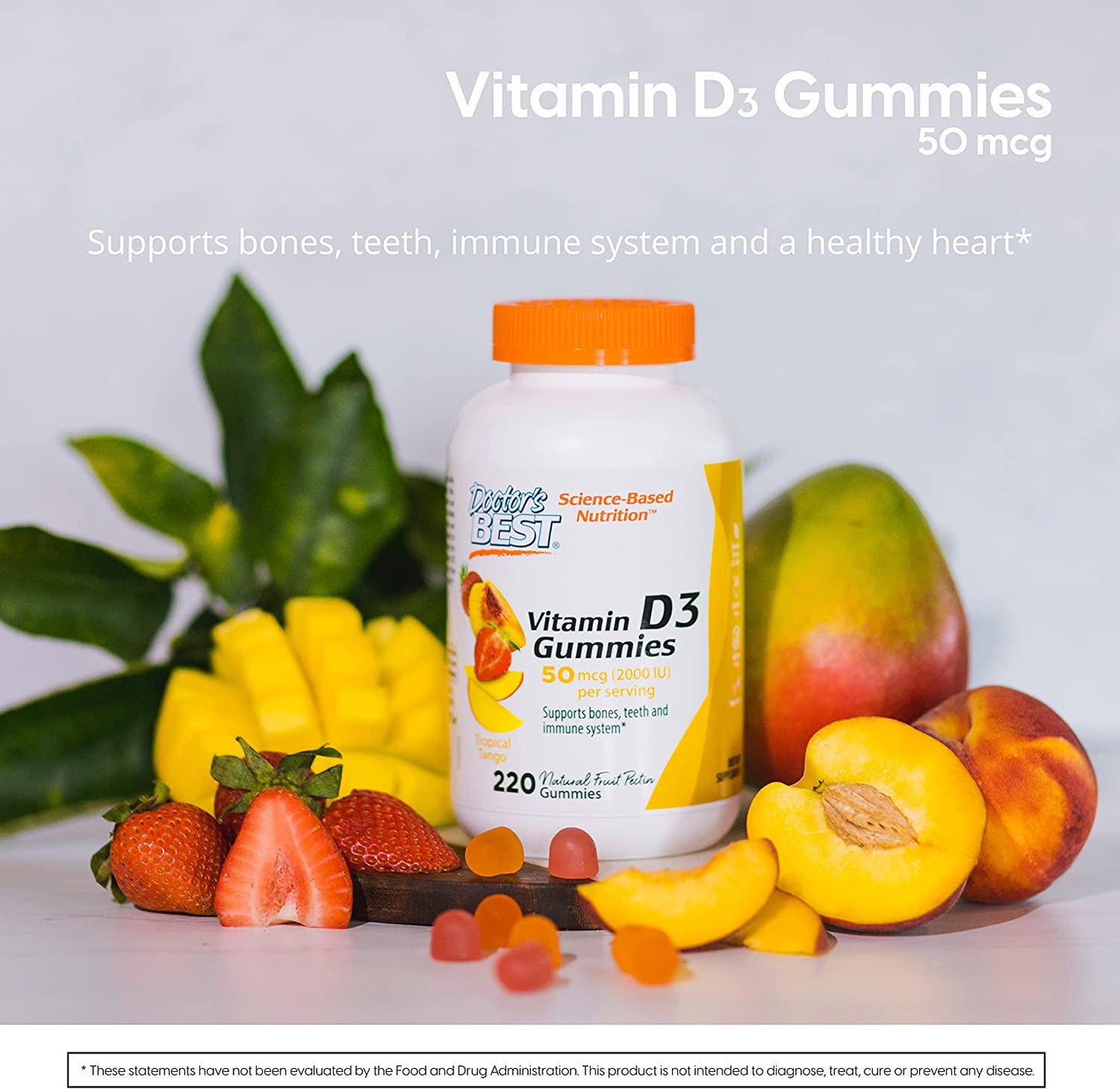 Doctor's Best Vitamin D3 Gummies to Support Healthy Bones, Immune System and Heart Health, Tropical Tango, 220 Count