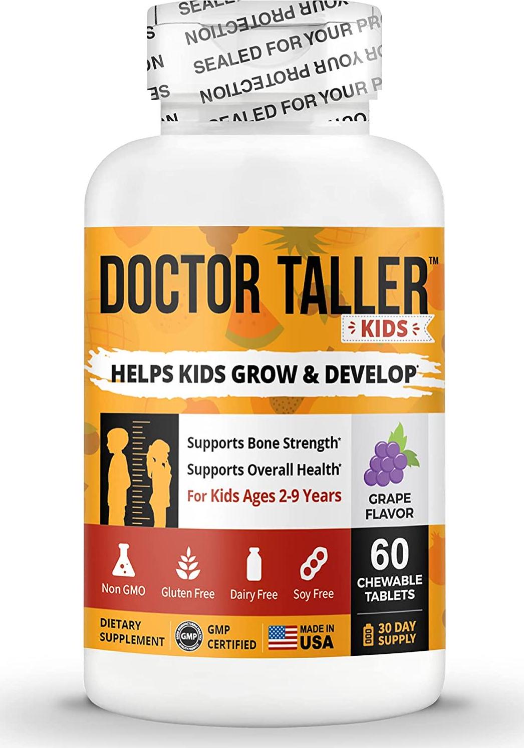 Doctor Taller Kids - Support Healthy Growth of Kids with Multivitamins and Multiminerals - for Kids Ages 2 to 9 - Grape Flavor - 60 Vegan Chewable Tablets