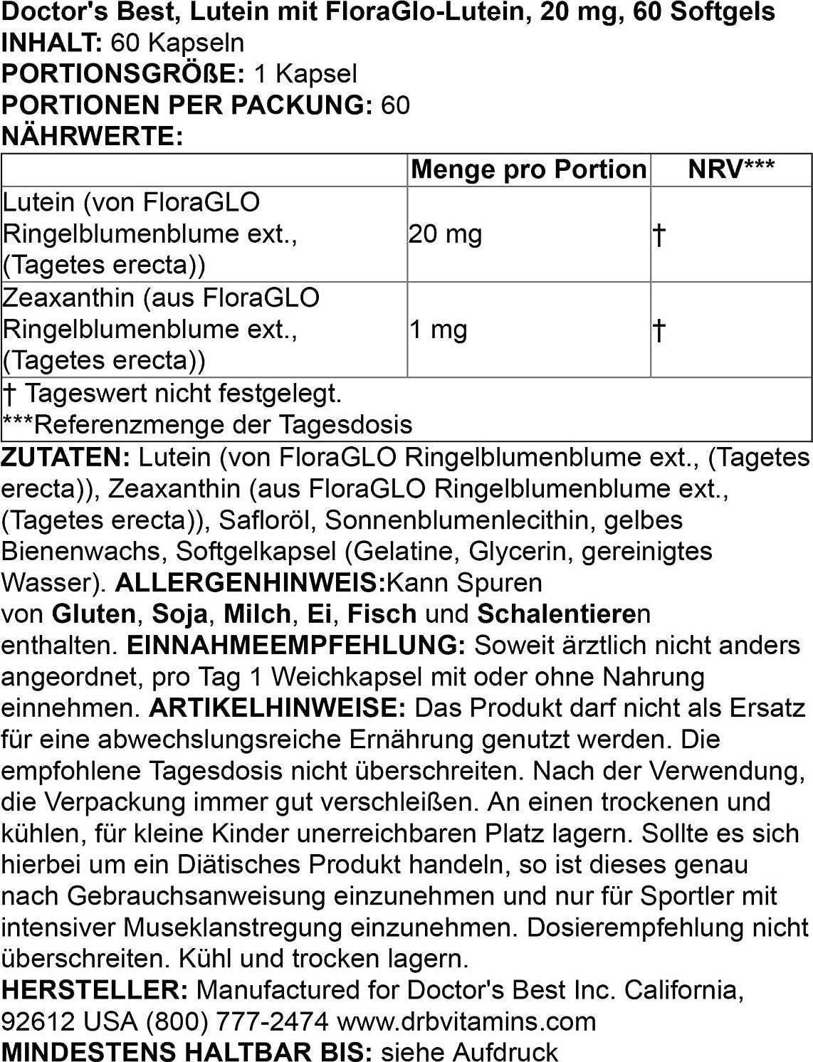 Doctor's Best Lutein mit FloraGLO, glutenfrei, Vision Support, 60 Softgelkapseln