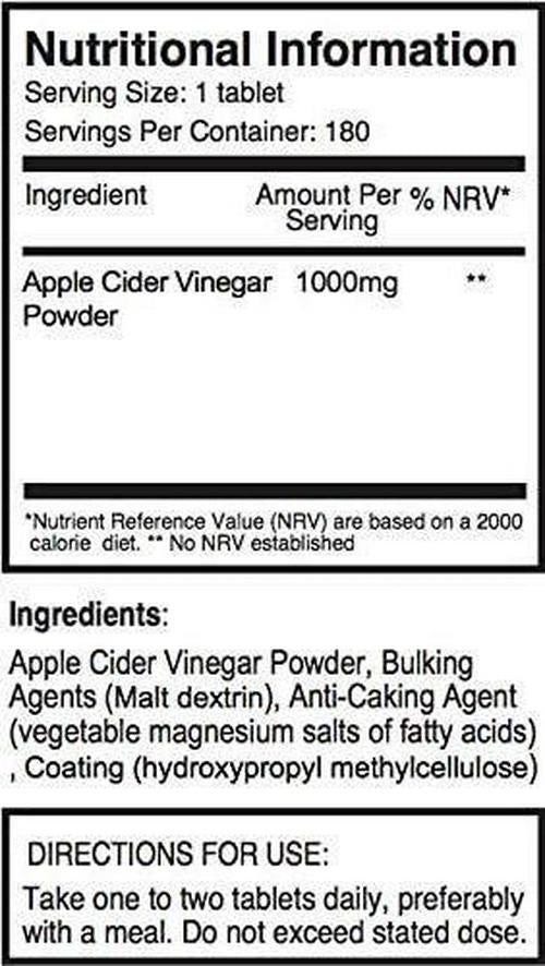 Double Strength Apple Cider Vinegar 1000mg x 360 Tablets (2 Bottles of 180 Tablets - 1 Years Supply) SKU: AV3x2