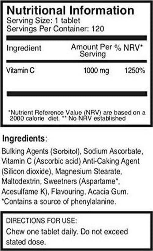Double Strength Chewable Vitamin C 1000mg x 120 Tablets.SKU: CHEWVC