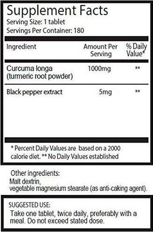 Double Strength Turmeric - Massive 1000mg x 1080 tablets - 200% more Turmeric and natural levels of the potent Curcumin per tablet-AND 5mg black pepper extract for 300% increased absorption.SKU:TURMx6