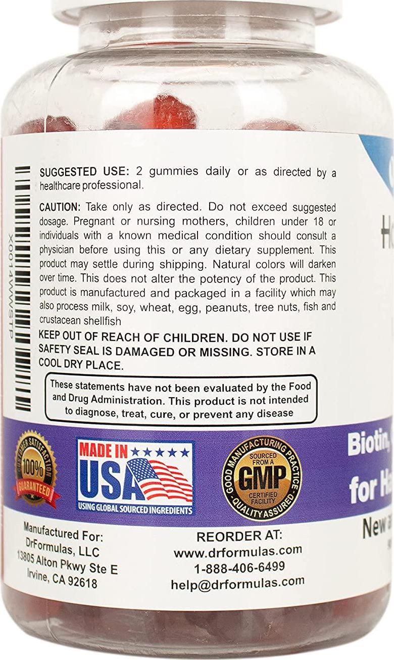 DrFormulas Hair Skin Nails Gummies Vitamins with Biotin by HairOmega | 5000 mcg Biotin Supplement for Hair Growth - Vegetarian Gummy (not Bears) for Men and Women, Made with Sugar not Corn Syrup
