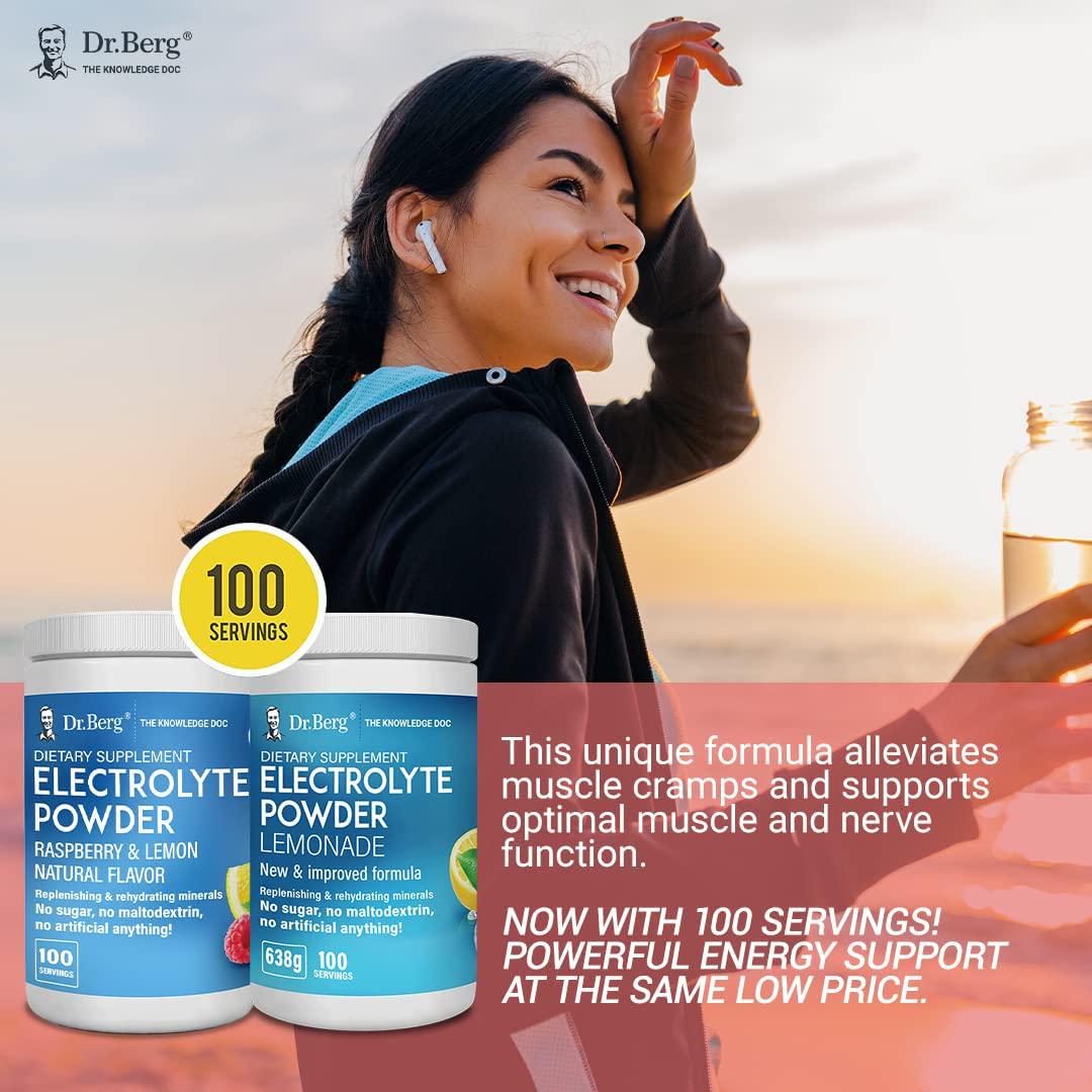 Dr. Berg's Electrolyte Powder 100 Servings Bundle - Raspberry Lemon and Lemonade Natural Flavors - Hydration Drink Mix Supplement Rejuvenate Your Cells Boost Energy and Keto Friendly - No Ingredients from