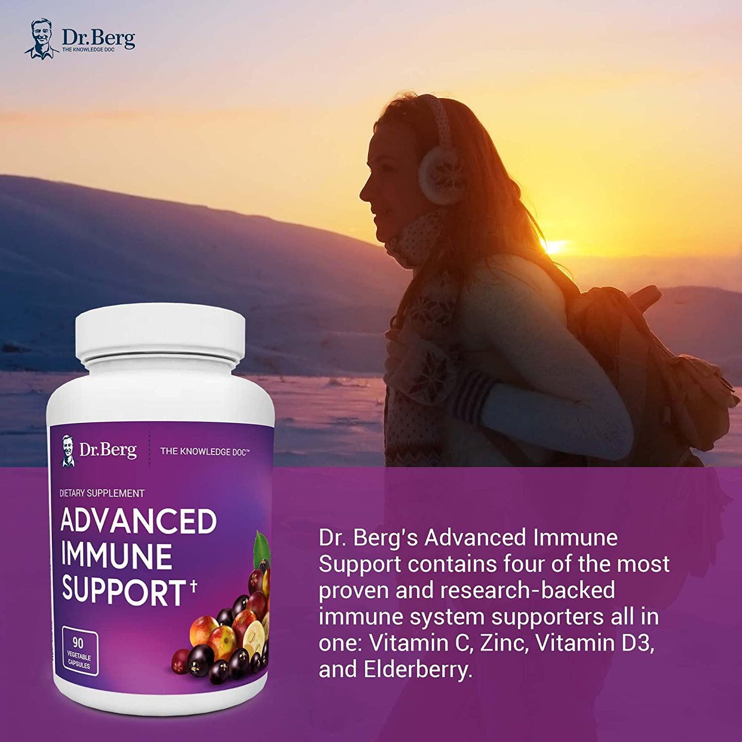 Dr. Berg's Advanced Immune Support - Daily Immunity Multi-System Defense Supplement with Vitamins C, D, Zinc, and Elderberry, 90 Vegetarian Capsules