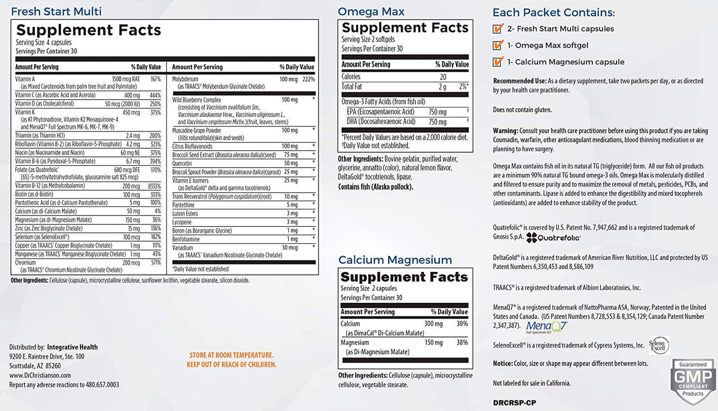 Dr. Christianson's Daily Reset Pack - Multi Vitamin, Fish Oil, Calcium, Vitamin D - 60 Individual Daily Packs