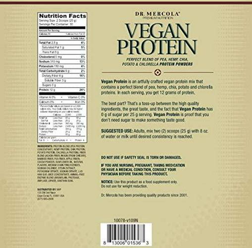 Dr. Mercola Vegan Protein Chocolate - Perfect Blend Of Pea, Hemp, Chia, Chlorella and Potato Proteins - Gluten-Free - Naturally Flavored - 1 lb 6.5 oz (750g)