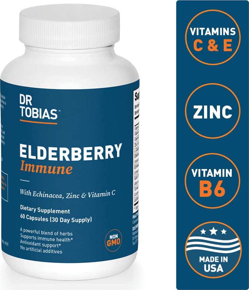 Dr Tobias - Elderberry Immune - with Echinacea, Zinc and Vitamin C - 4.8 Billion CFU Probiotics - 30 Day Supply