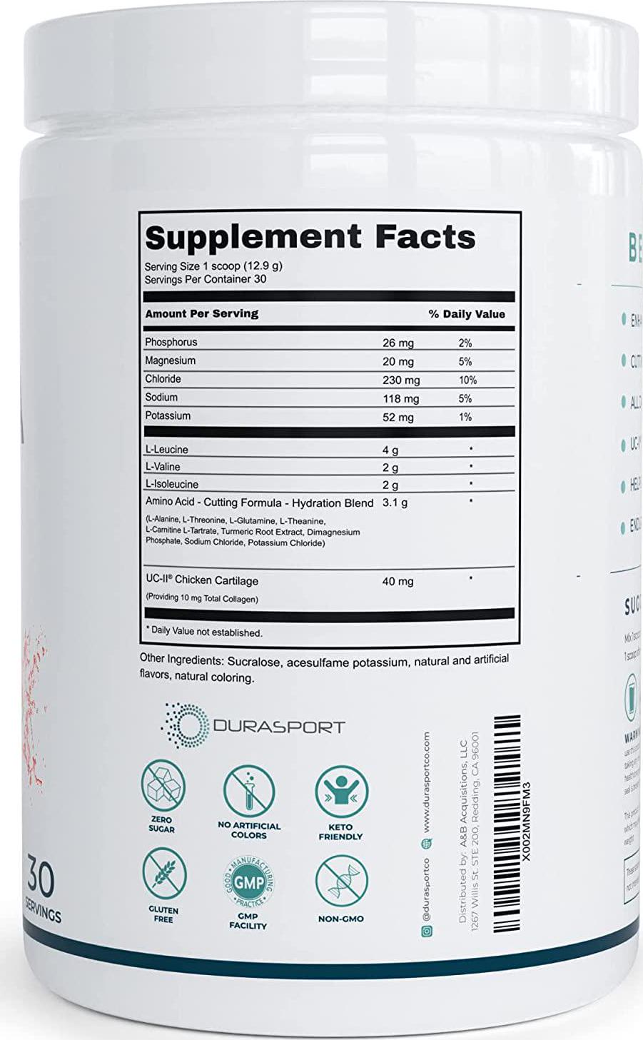 Durasport 11g Sport BCAA | Muscle Recovery, Energy and Hydration Post Workout +UC-II Collagen | 8 Grams 2:1:1 Branched Chain Amino Acids + 3g Amino and Hydration Blend | Watermelon, 30 Serv