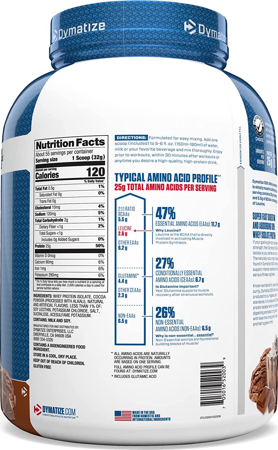 Dymatize 100% Whey Isolate Protein Powder, Classic Chocolate, 25g Protein, 5.5g BCAAs, Gluten Free, Fast Digestion and Absorption, 55 Servings
