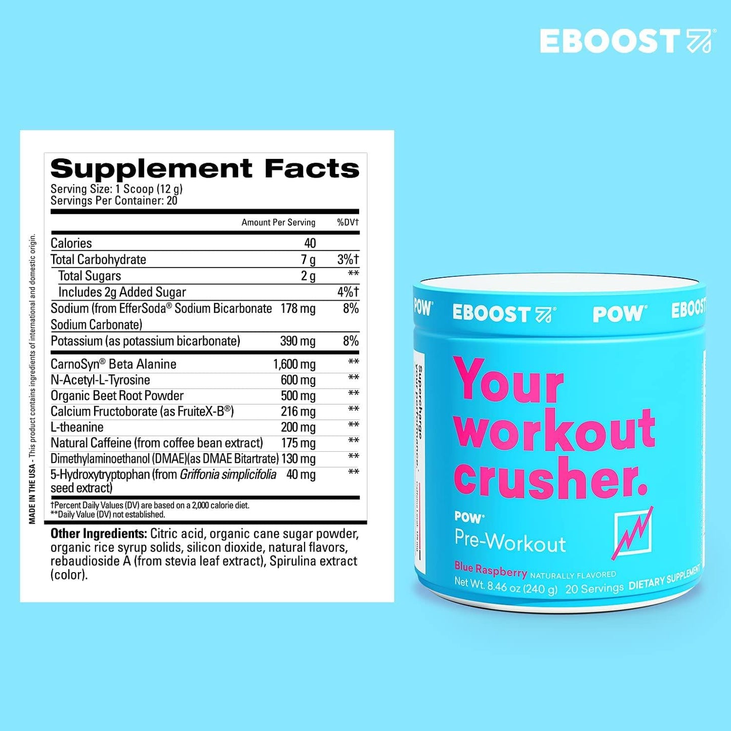 EBOOST POW Natural Pre-Workout 20 Servings - Blue Raspberry - A Pre Workout Supplement for Performance, Joint Mobility Support, Energy, Focus - Men and Women - Non-GMO, Gluten-Free, No Creatine