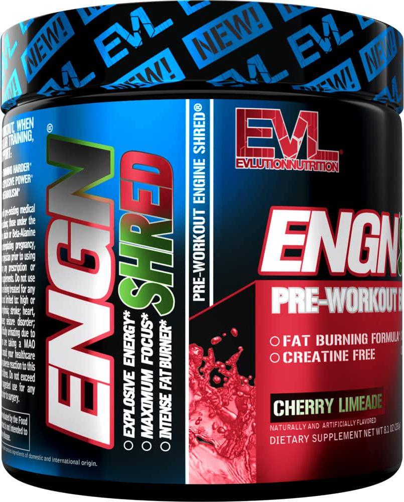 EVL Ultimate Pre Workout Powder - Thermogenic Fat Burner Preworkout Powder Drink for Lasting Energy Focus and Stamina - ENGN Shred Intense Fat Burning Creatine Free Preworkout Drink - Cherry Limeade