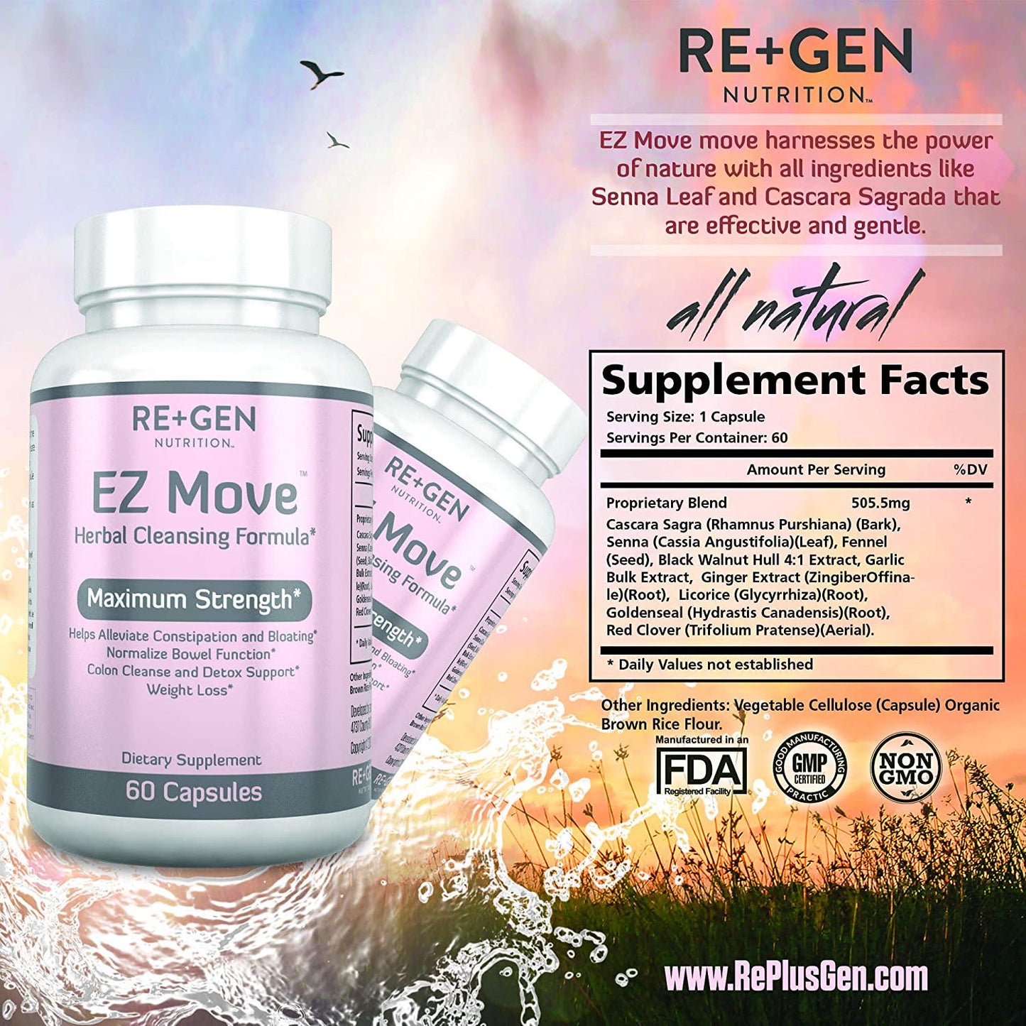 EZ Move Constipation Relief, Cleanse for Weight Loss Support, Detox and Colon Cleanse, Cascara Sagrada, Senna Leaf, All Natural 60 Capsules