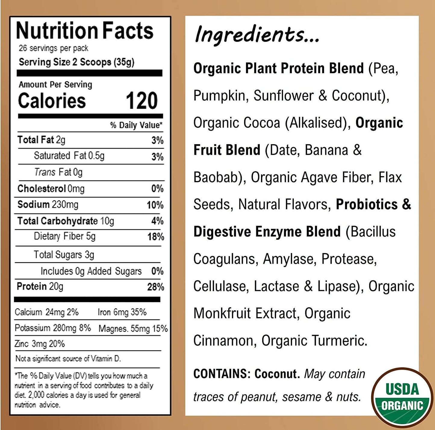 EarthChimp Organic Vegan Protein Powder (26 Servings, 32 Oz) with Probiotics, Organic Fruits and Plant Based Protein Powder, Dairy Free, Gluten Free, Gum Free, Lactose Free, Non GMO, (Chocolate)
