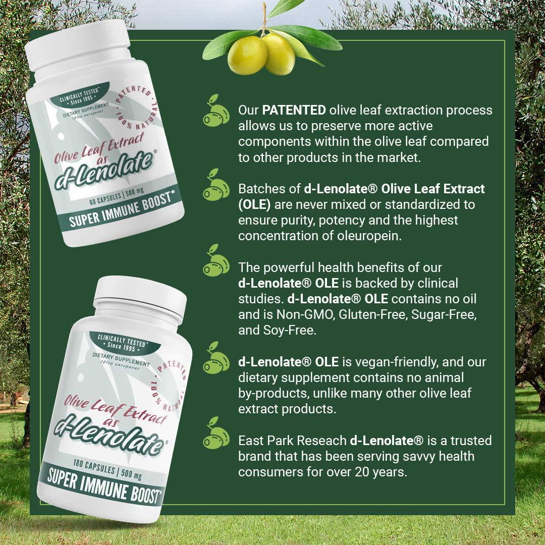 East Park Olive Leaf Extract (OLE) Super Strength d-Lenolate 500mg | 18% or More Oleuropein Immune System Booster | 60 Vegetarian Capsules (Non-GMO)