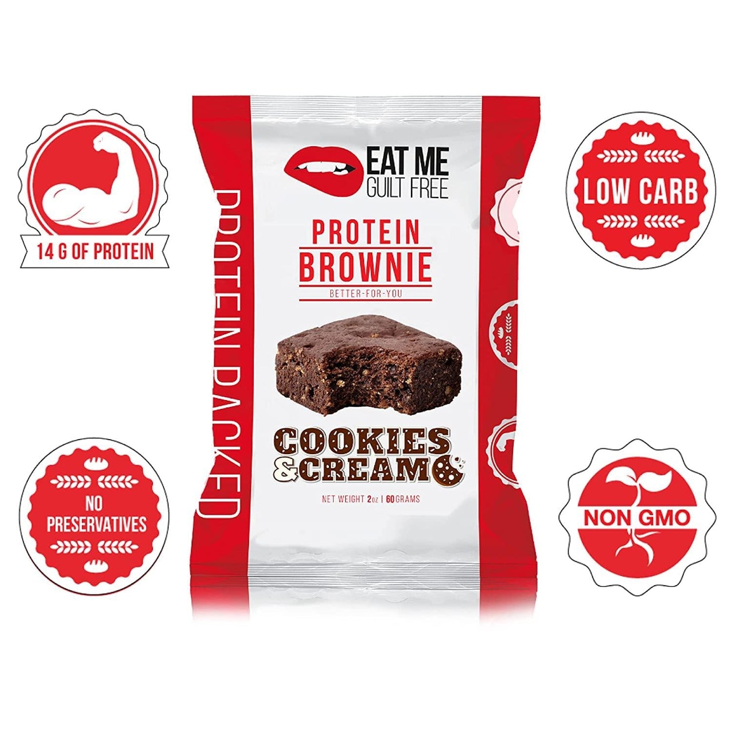 Eat Me Guilt Free Cookies and Cream Protein-Packed Brownie - 14G Protein, Low Carb, Keto-Friendly, Low Sugar, Non GMO, No preservatives, Low Calorie Snack or Dessert | 12 Count