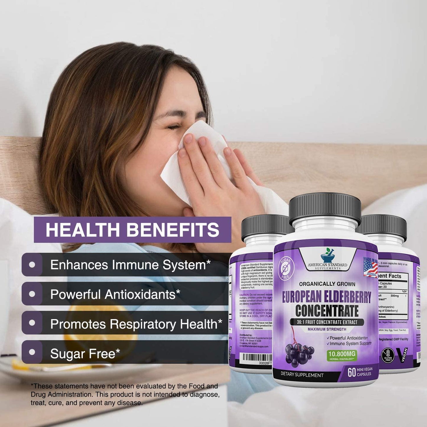 Elderberry European Organic Sambucus Nigra 10,800 miligram per Serving or 3600 miligram Per Capsules, 36x Concentrated Fruit Extract, Immune Support and Powerful Antioxidants, 60 Mini Vegan Capsules