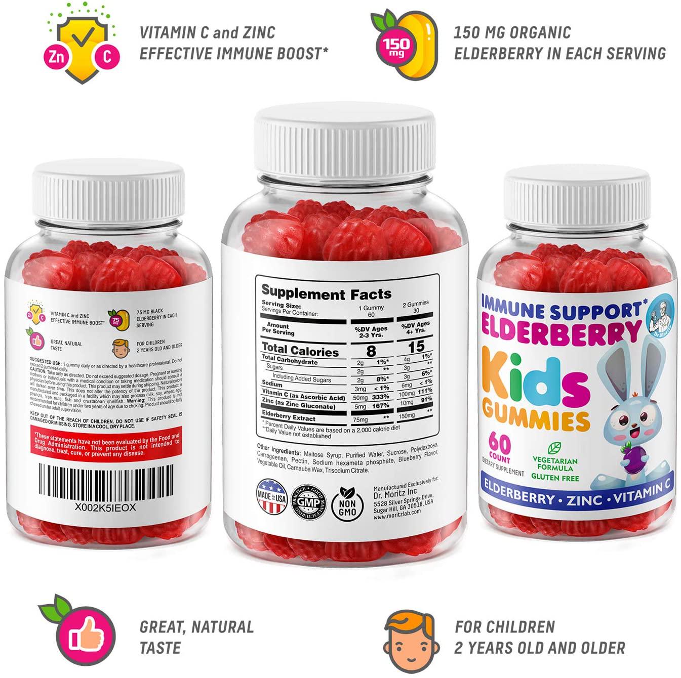 Elderberry Gummies for Kids and Toddlers - Natural Immune System Booster and Health Support with Black Sambucus Elderberries Extract - Vitamin and Zinc Herbal Immunity Boost Supplement for Children