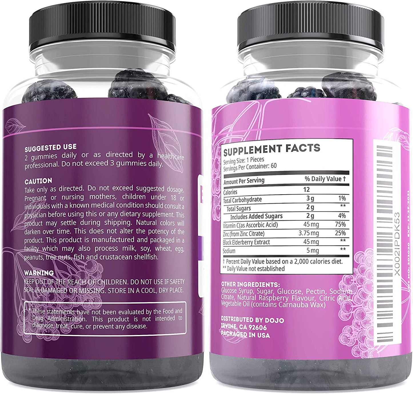Elderberry Gummies for Adults - Kate Naturals. Perfect for Immune System Support and Metabolism. Raspberry Flavor. Has Vitamin C and Zinc. Sambucus Nigra. Tasty Vitamins Alternatives. (2 Pack)