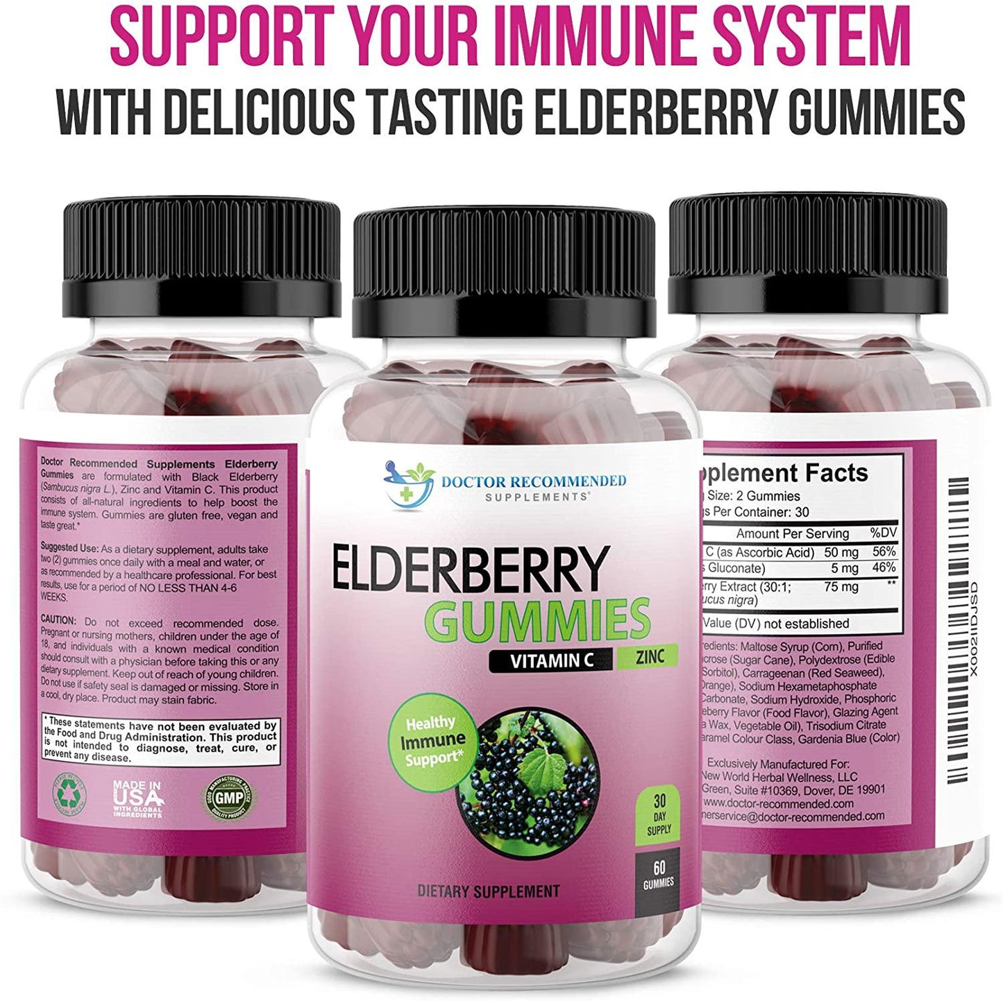 Elderberry Gummies with Zinc and Vitamin C - Black Elderberry with Vitamin C and Zinc for Kids and Adults, Antioxidant Supplement - 60 Gummies