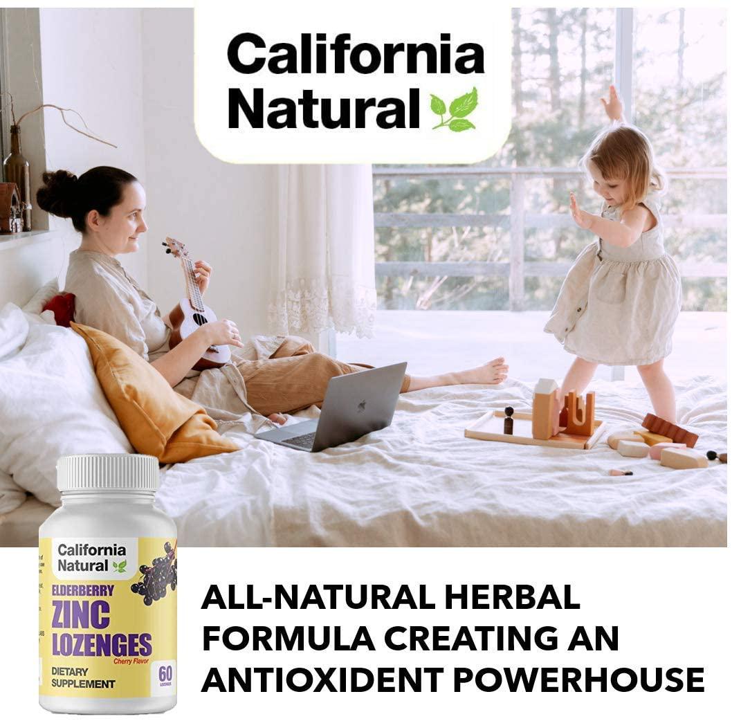 Elderberry Zinc Lozenges - California Natural - Cherry Flavor - Zinc, Elderberry and Echinacea Extract | Immunity Support | 60 Count Lozenges
