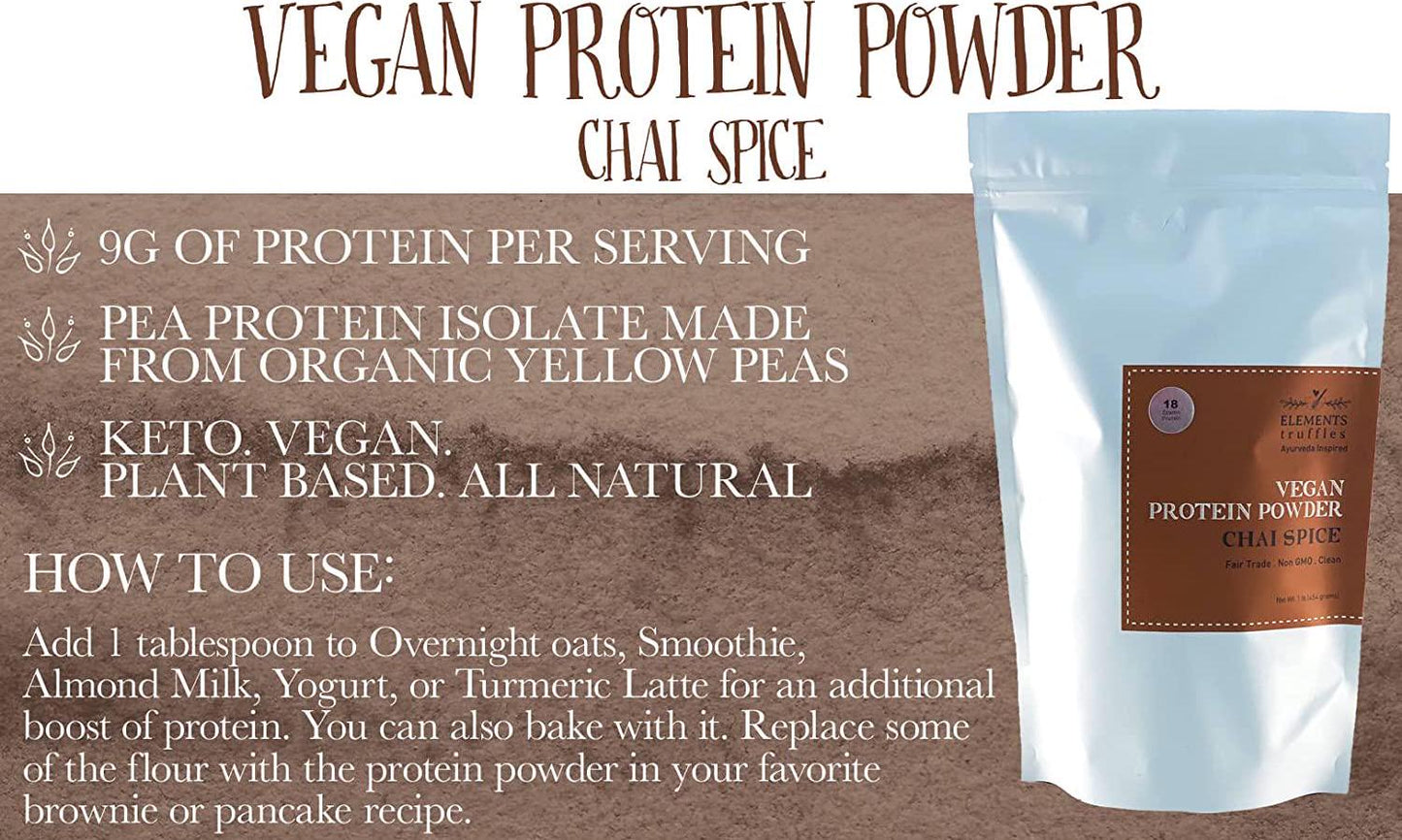 Elements Truffles Plant Based Vegan Protein Powder - Meal Replacement Shake Made from Pure Organic Yellow Peas with Chai Spice - Keto, Dairy Free, Soy Free, Paleo, and Non-GMO - 1lb Pack - 14 Servings