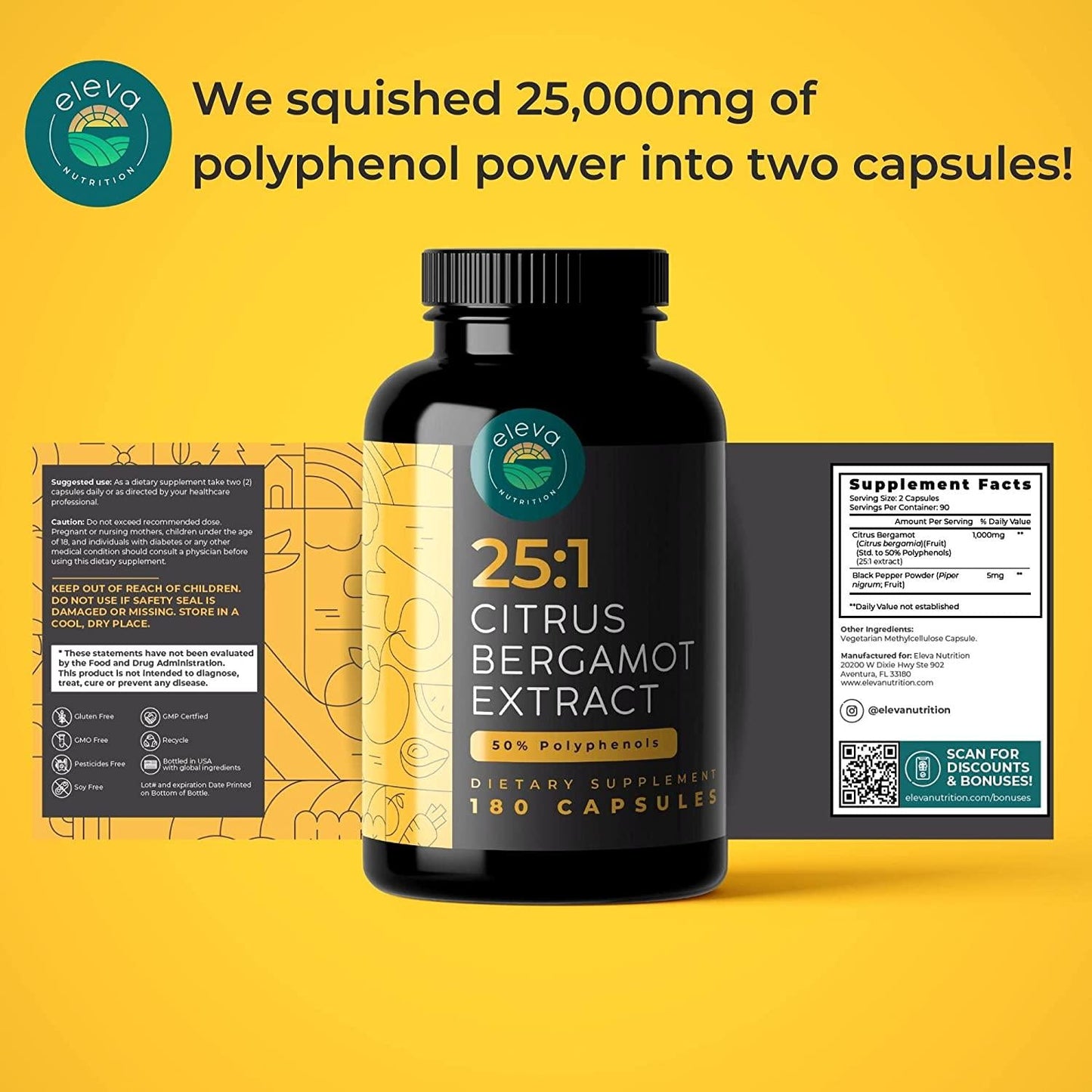 Eleva Citrus Bergamot 1000mg Capsules - 25:1 Citrus Bergamot Extract for Cholesterol Supplements, Blood Sugar Support, Blood Pressure, and Heart Health - Antioxidants and Polyphenols Capsules - 180 Count
