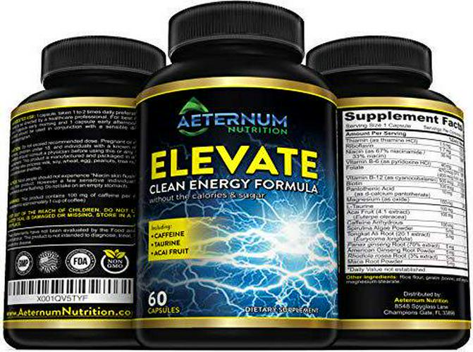 Elevate- Natural Clean Energy- High Caffeine Pills with Taurine- B Vitamins and More. Supports Endurance- Energy- and Focus, Made for Men and Women. Non-GMO Natural Energy Supplement 60 Capsules