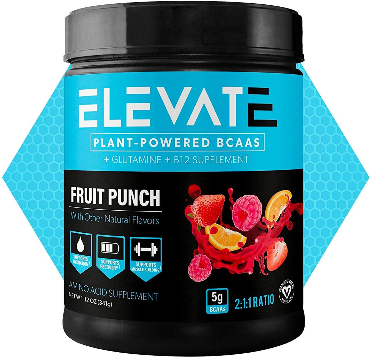 Elevate Nutrition Plant-Based Vegan BCAA Supplement for Muscle Building and Hydration- Energy Booster- All-Natural Food-Sourced BCAA 2:1:1 Ratio- Glutamine, B12, Non-GMO (Fruit Punch)