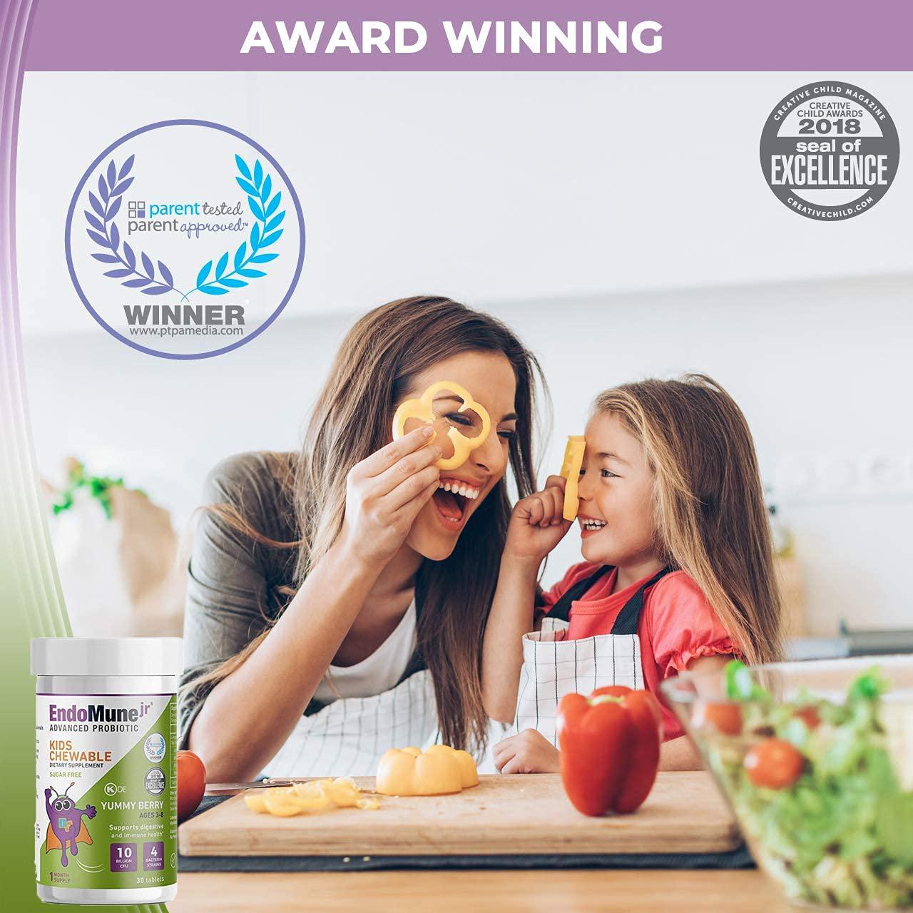 EndoMune Jr Advanced Kids Probiotic and Prebiotic | 10 Billion CFUs | 4 Strains Bacteria and FOS Prebiotic | Physician Formulated | 30 Chewable Tablets