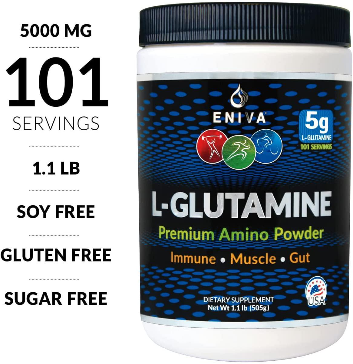 Eniva L-Glutamine Powder, 1.1-Pound, MAX Value 5000MG, 101 Servings. Micronized. Gluten Free. Non-GMO. Soy Free. Zero Sugar. Muscle Recovery, Immune Support and Amino Acid for Gut.