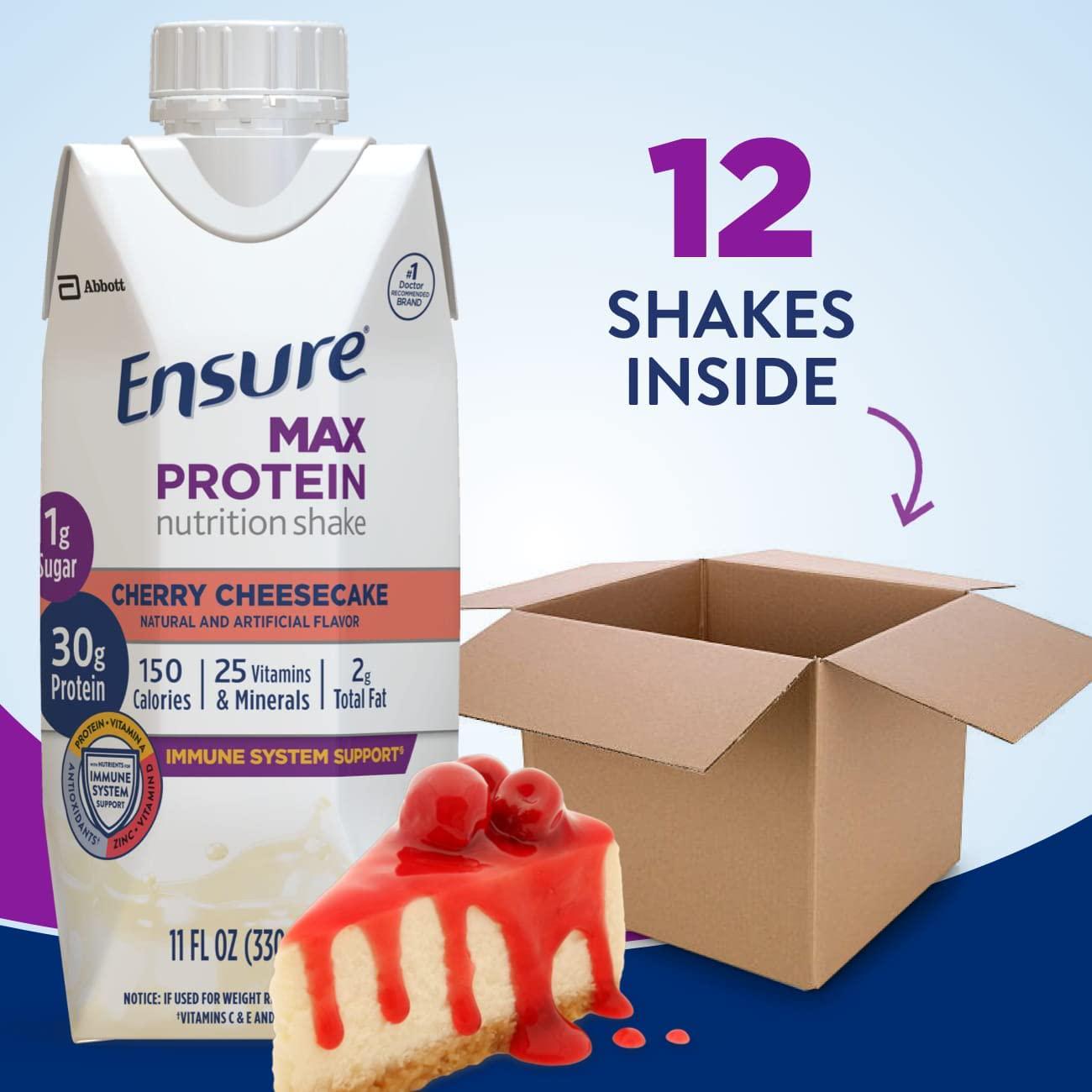 Ensure Max Protein Nutrition Shake, with 30g of Protein, 1g of Sugar, High Protein Shake, Cherry Cheesecake, 11 fl oz, 12 Count