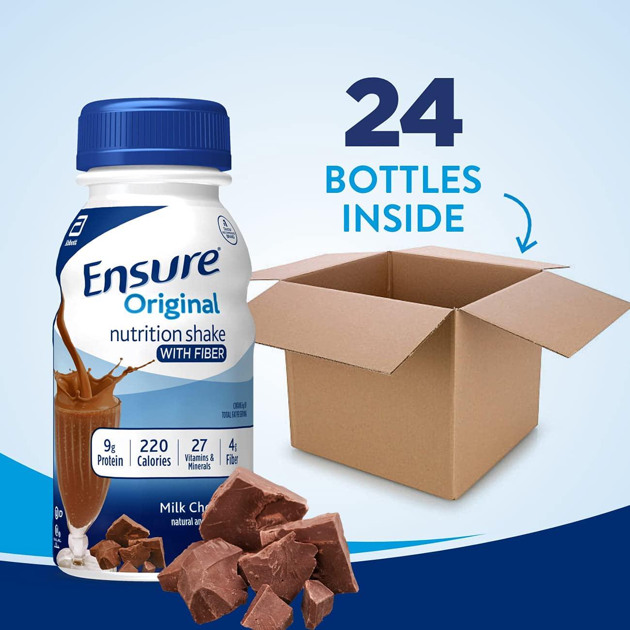 Ensure Original Nutrition Shake with Fiber, Small Meal Replacement Shake, Complete, Balanced Nutrition with Nutrients to Support Immune System Health, Milk Chocolate, 8 Fl Oz (Pack of 24)