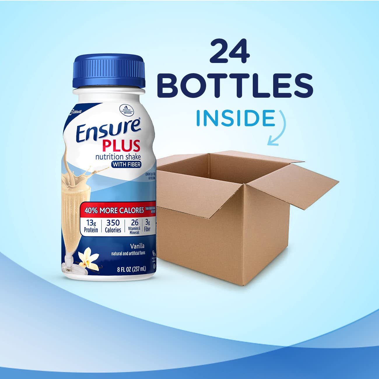 Ensure Plus Nutrition Shake with Fiber, 13g High-Quality Protein, Meal Replacement Shakes, Vanilla, 8 fl oz, 24 count