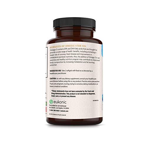 Eukonic Omega-3 Wild Caught Fish Oil 2400 mg, Triple Strength EPA 860 mg + DHA 630 mg, 180 Softgels, Lemon Flavored, Burpless, Enteric Coated