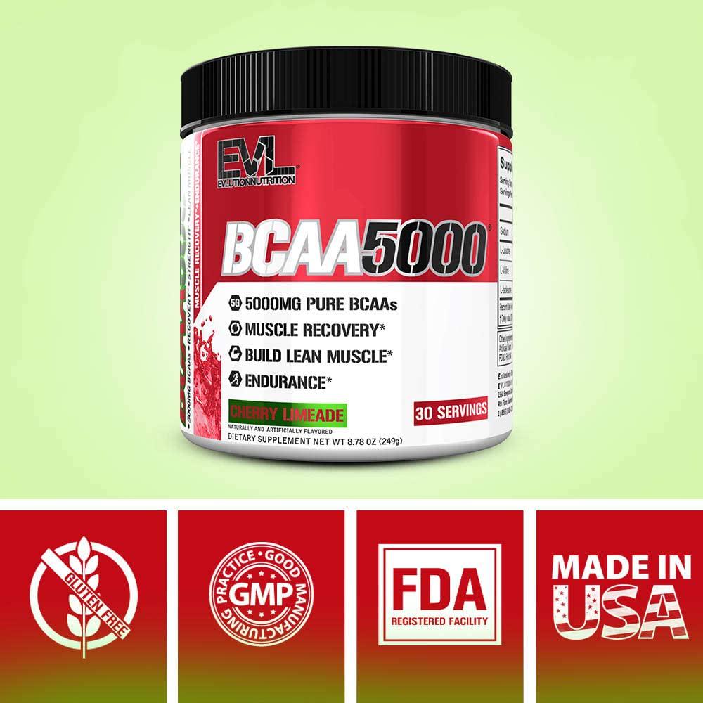 Evlution Nutrition BCAA5000 Powder 5 Grams of Branched Chain Amino Acids (BCAAs) Essential for Performance, Recovery, Endurance, Muscle Building, Keto Friendly, Zero Sugar, 30 Servings (Cherry Limeade)