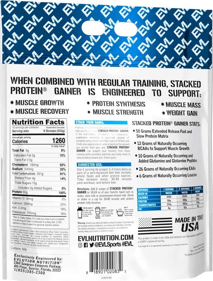 Evlution Nutrition Stacked Protein Gainer, Whey Protein Powder Complex, 50 Grams Protein, 250 Grams Carbohydrates, Build Muscle, Recovery, Post Workout, Gluten-Free (Double Rich Chocolate, 12 LB)