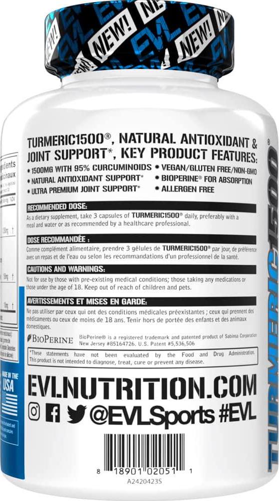 Evlution Nutrition Turmeric Curcumin with Bioperine 1500mg Premium Pain Relief and Joint Support with 95% Standardized Curcuminoids, Non-GMO, Gluten Free Turmeric Capsules (30 Serving Veggie Capsules)