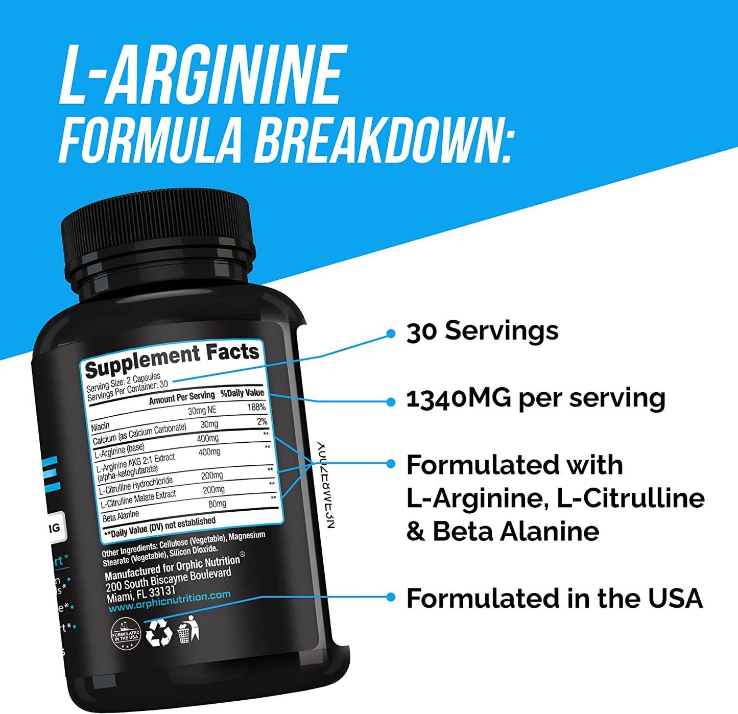 Extra Strength L Arginine - Nitric Oxide Supplement to Support Muscle Health, Exercise Performance and Endurance, Vascularity, Heart Health, Energy Levels* - 60 Caps