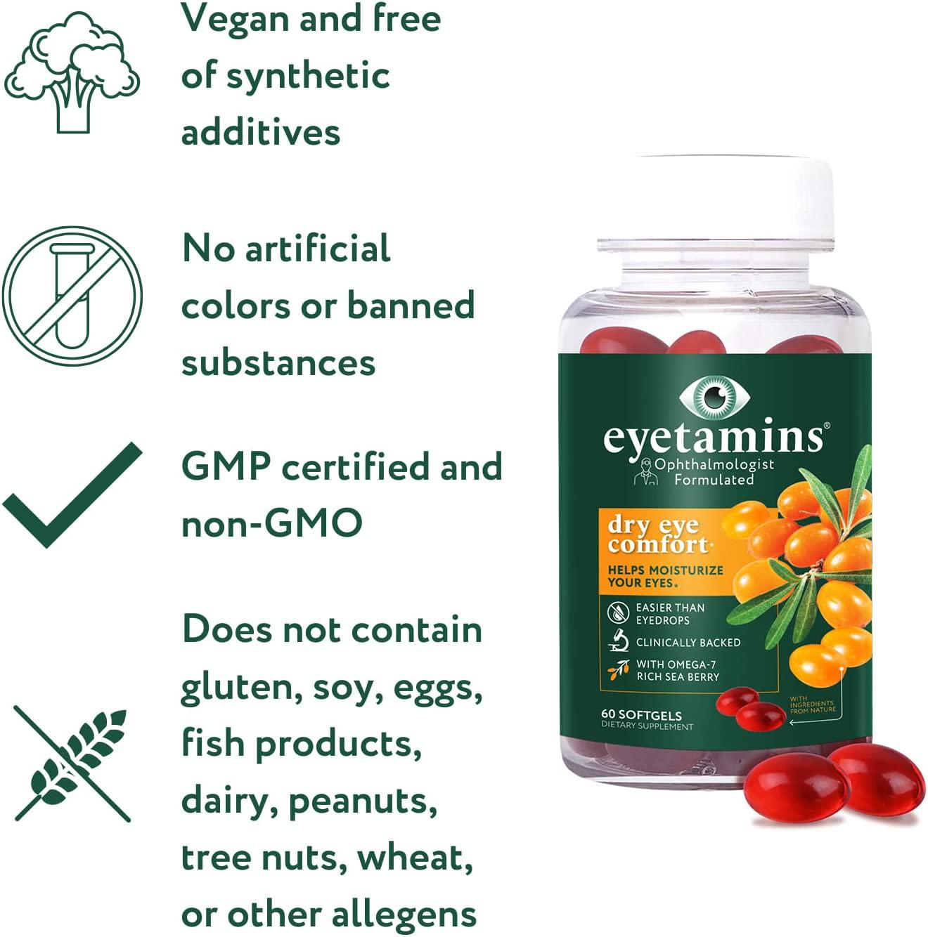 Eyetamins Dry Eye Comfort - 60 Softgels Ophthalmologist- Formulated, Natural - Himalayan Sea Buckthorn Oil - Vegan and Non-GMO Formula