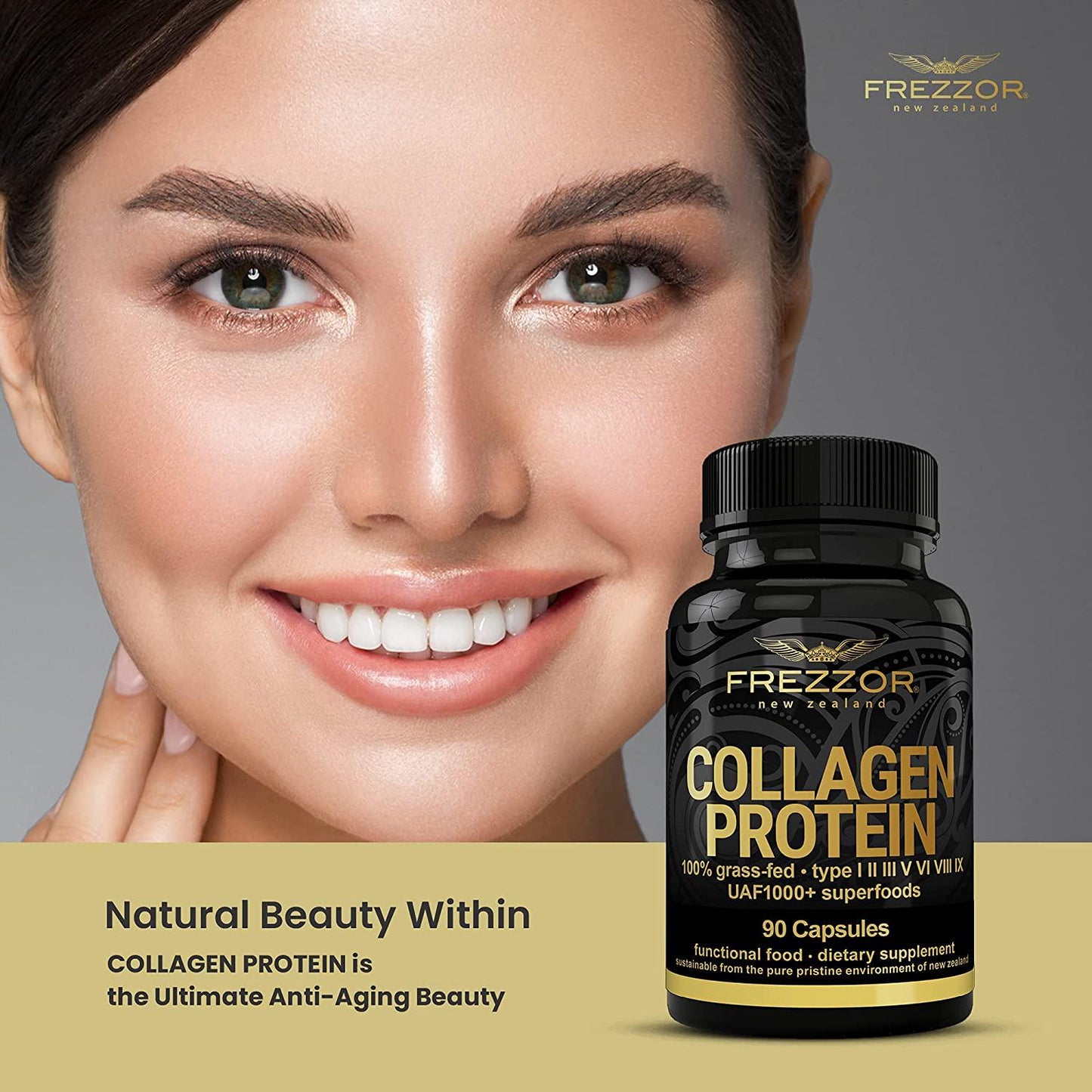 FREZZOR Collagen Protein Capsules, 100% Grass-Fed New Zealand Cattle Source, Joint, Skin, Hair and Nail Support, Amino Acids, Anti-Aging, Pain Solution, 90 Capsules, 1 Count