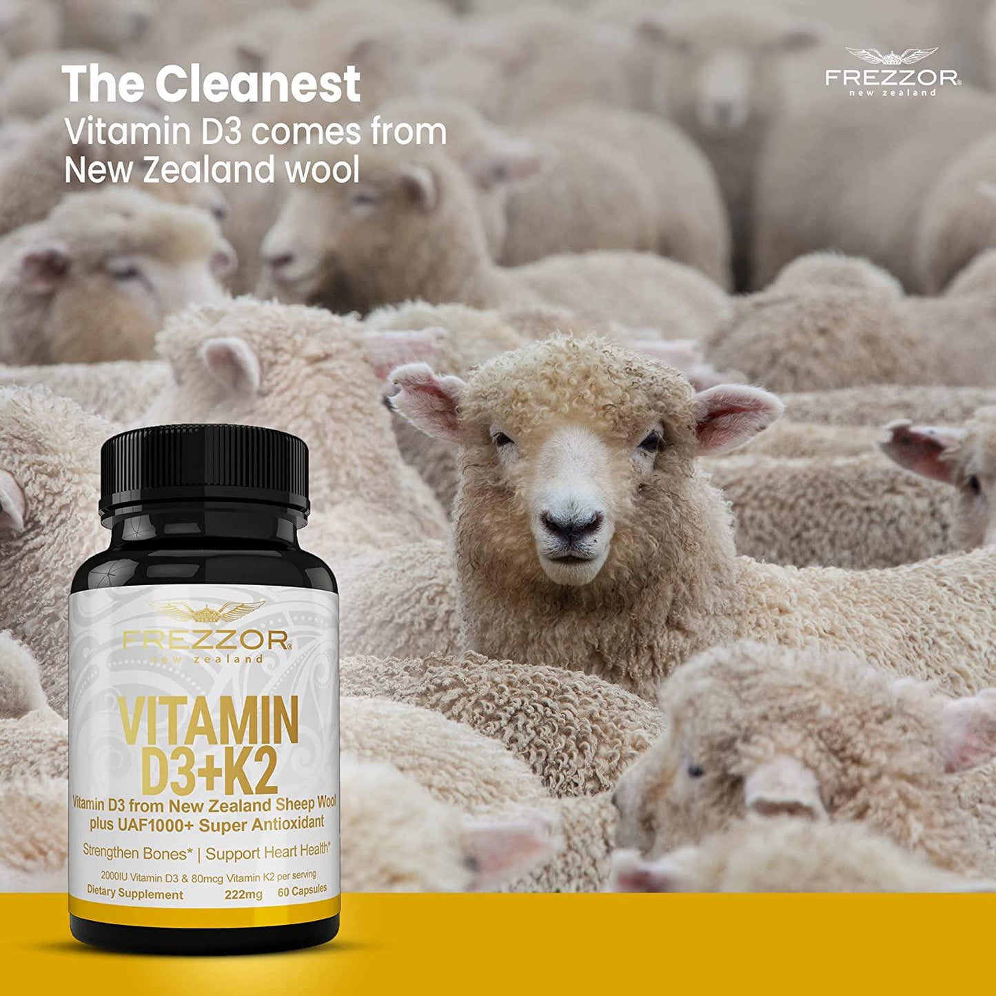FREZZOR Vitamin D3 (2000IU) Plus K2 (80mcg), 2 in 1 Formula, Vitamin D3 Liquid with Vitamin K2, 60 Soft-Gels, Support Heart, Teeth and Joint Health, Easy to Swallow