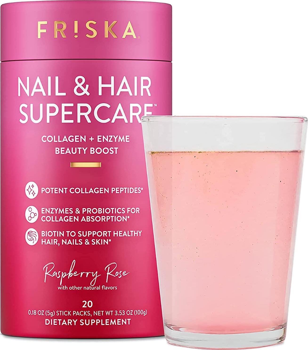 FRISKA Nail and Hair Supercare | Biotin and Collagen Supplements Beauty Boost | Digestive Enzyme and Probiotics for Women | Raspberry Rose Flavor | 20 Stick Packs