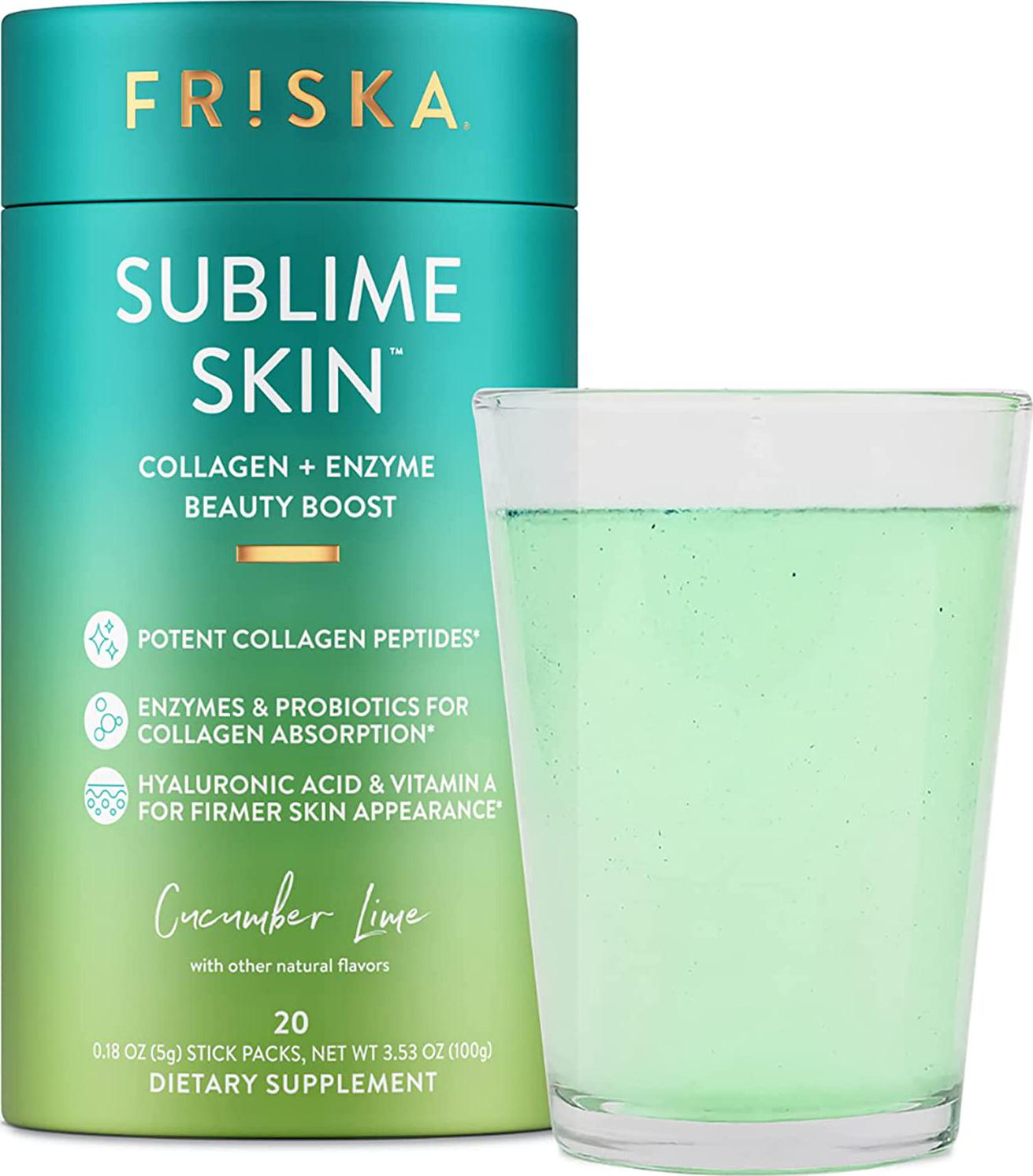 FRISKA Sublime Skin Collagen Powder | Probiotics, Digestive Enzymes and Hyaluronic Acid | Beauty Supplements for Women | Cucumber Lime Flavor | 20 Stick Packs