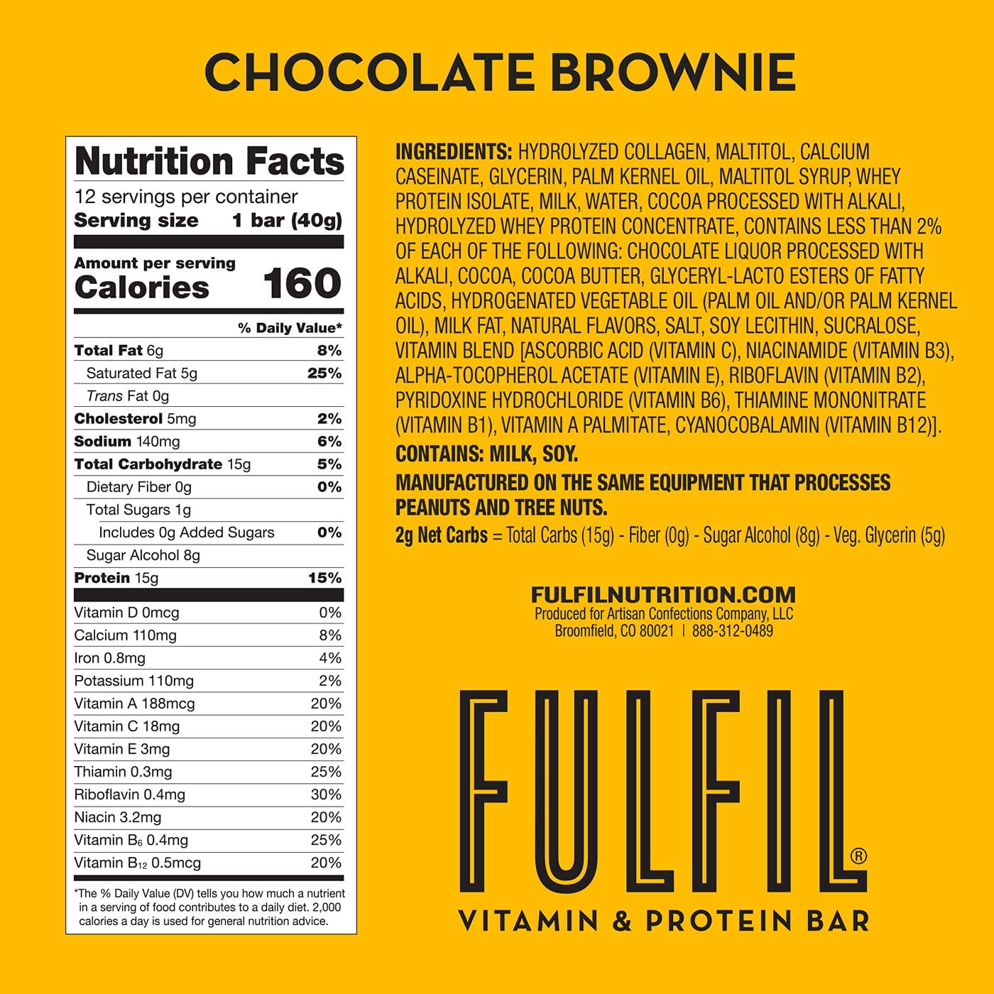 FULFIL Protein Bars, Chocolate Brownie, Snack Sized Bar with 15g Protein and 8 Vitamins Including Vitamin C, 12 Counts