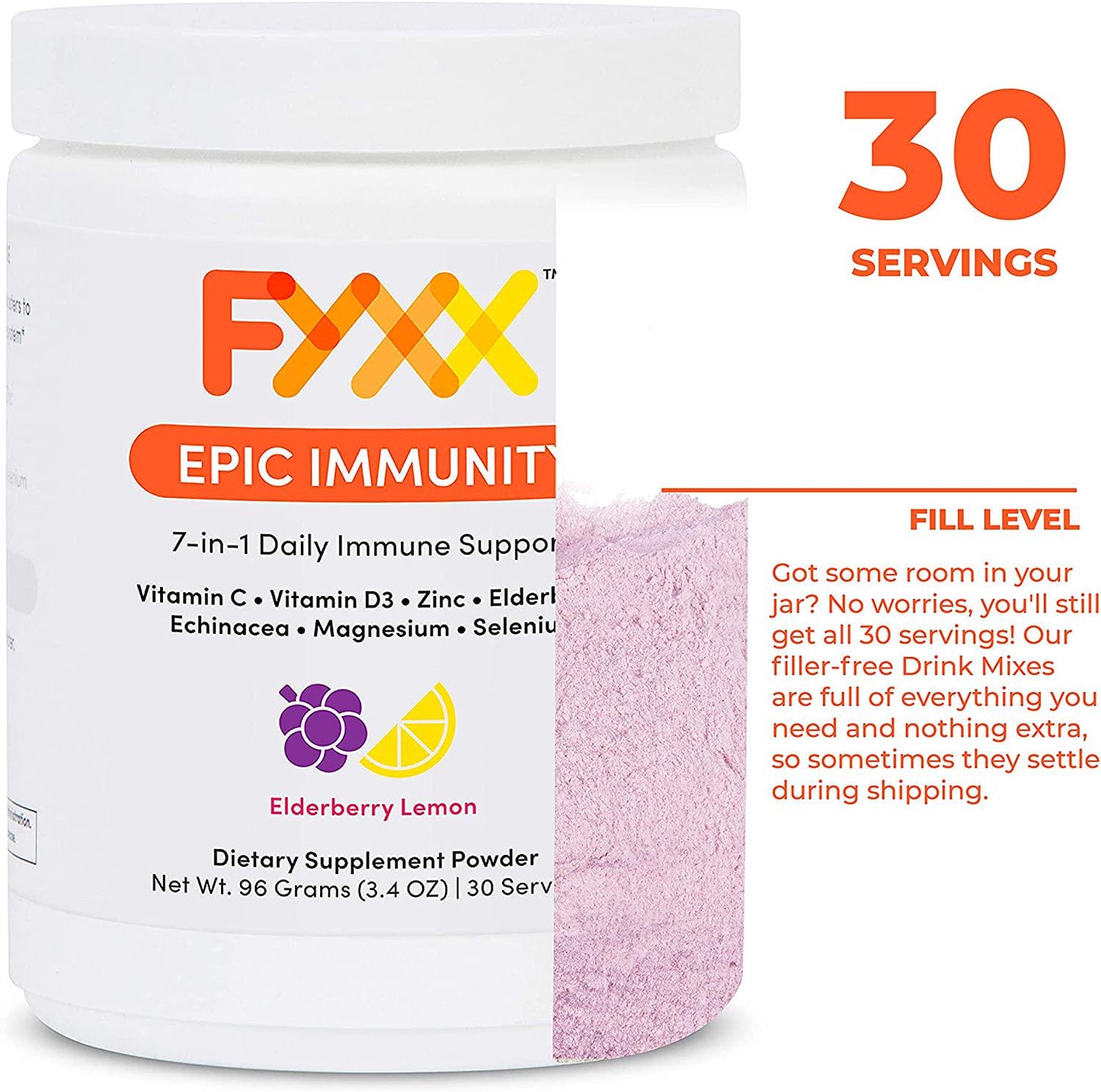FYXX Epic Immunity - 7-in-1 Immune Booster with Powerful Blend of Vitamin C, Vitamin D, Zinc, Elderberry, Echinacea, Selenium and Magnesium for Daily Immune Support. Berry Lemonade Flavor. 30 Servings.