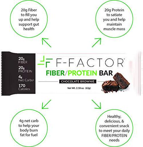 F-Factor Chocolate Brownie Fiber Protein Bar, High Fiber, High Protein, Low Carb, Gluten Free, Low Sugar, Vegan, Soy Free, Natural, Keto Friendly, Healthy and Convenient Snack, 12 Count